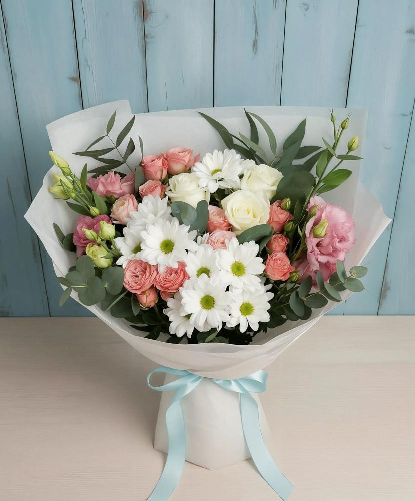 Букет цветов из: Розы, Лизиантусы и Хризантемы в Хатунь