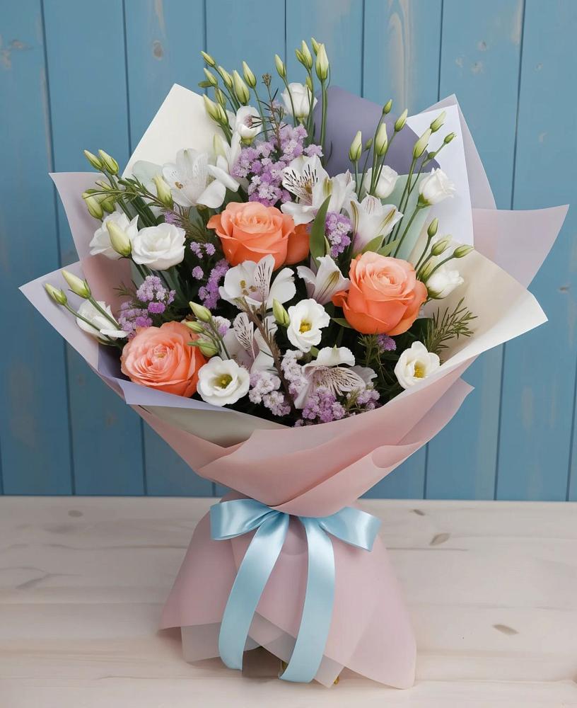 Букет цветов из: Лизиантусы, Розы, Альстромерии и Гипсофила в Хатунь